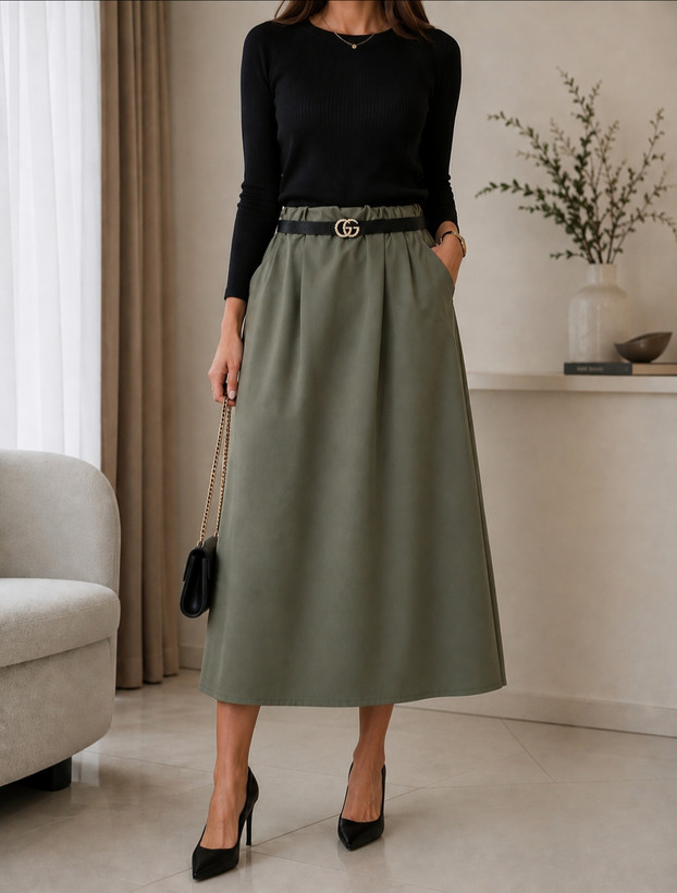 دامن جلو پیلی الهه زنانه | دامن ژوبیت جیبدار کمرکش فری سایز 36 تا 50 ارسال رایگان